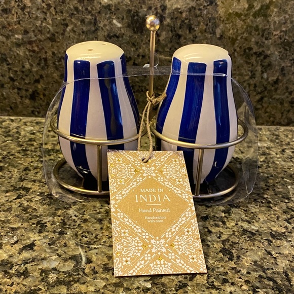 NWT! Hand Painted Blue & White Stripe Ceramic Salt and Pepper Shakers w/ Stand - Picture 2 of 4